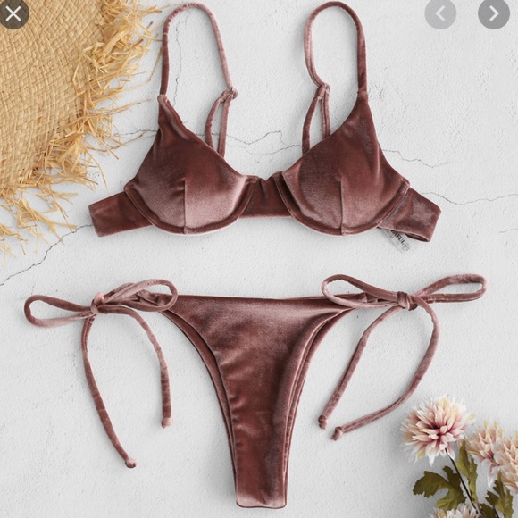 Khaki Velvet Triangle Two Piece Bikini Set - Picture 3 of 8